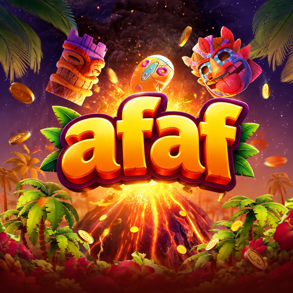 Logo afaf cerah di depan gunung berapi meletus dengan topeng kayu bertema Hawaiian Tiki
